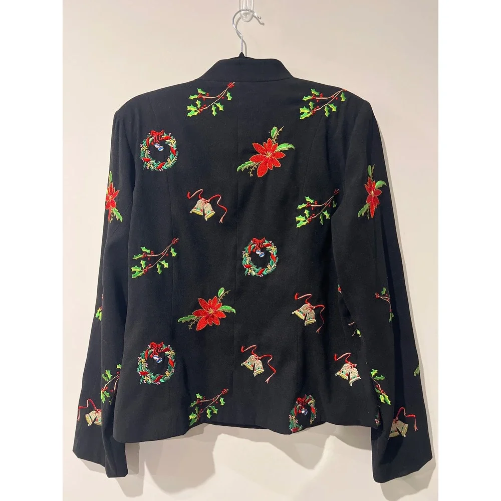 MAK New York Black Suede Feel Embroidered Blazer Jacket Womens Size 14 Christmas - Picture 4 of 7